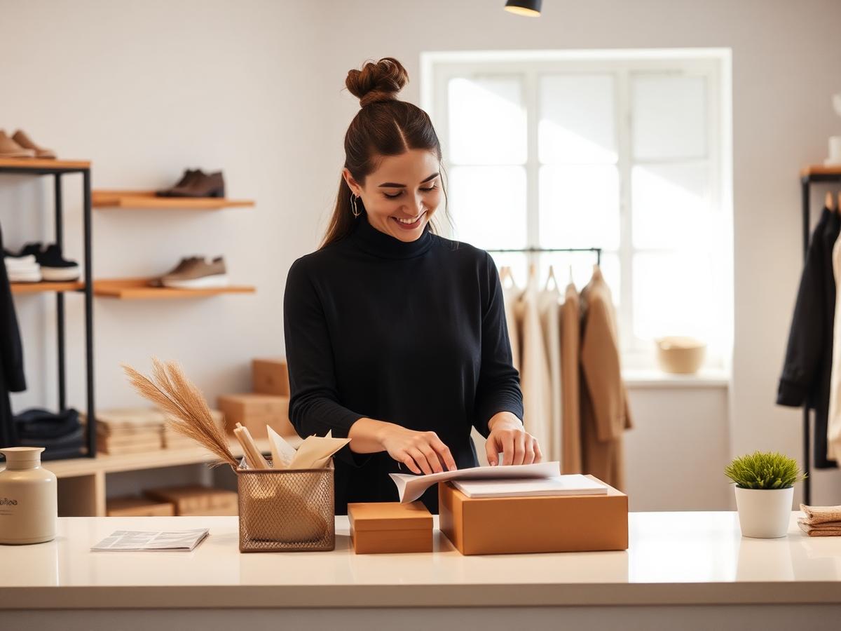 Retailer packing an online order at the shop counter